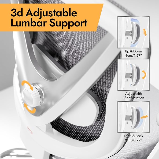 Ergonomic Mesh Office Chair - 3D Adjustable Lumbar Support & 3D Armrests, V-Shaped Back, Adjustable Desk Chair for Office & Home, White - Image 3