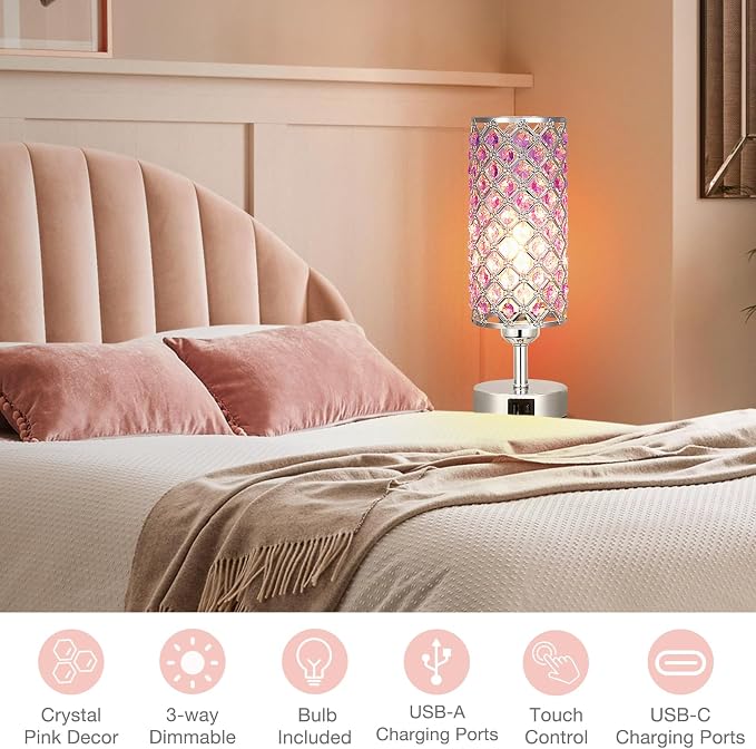 Crystal Table Lamp, 3 Way Dimmable Touch Lamps for Night Stands, Purple | Purple Crystal Table Lamp with USB C+A 3-Way Dimmable Bedside Lamp - Image 7