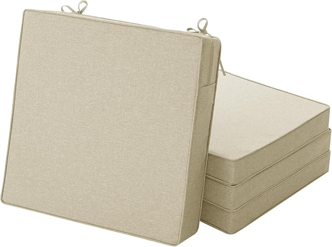 Outdoor Chair Cushions, Set of 4, 24 x 24 Inch, Beige | Water Resistant, Fade Resistant, Patio Furniture Square Seat Replacement, Removable Cover with Ties, Non-Slip Bottom by Unknown