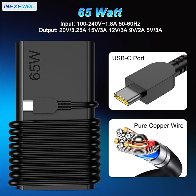 Slim 65W USB C Laptop Charger Compatible with Lenovo ThinkPad T480s T580s T490 E480 E580 X1Carbon X13 Chromebook 2nd Gen Yoga Slim Type C Fast Charging Computer Power Cord - Image 3