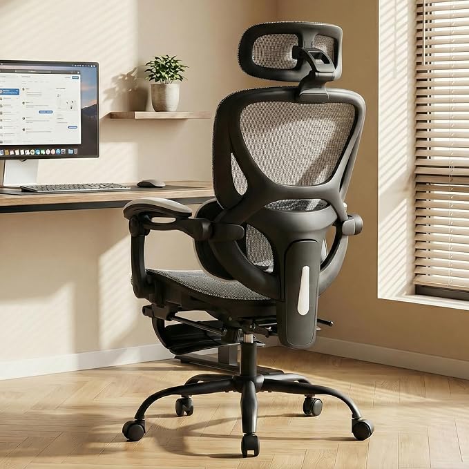 MALOL Ergonomic Mesh Office Chair with Footrest, Executive High Back Computer Desk Chair with 3D Adjustable Headrest & 5-Level Lumbar Support, Reclining Tilt Lock, 3D Arms, 300LBS Capacity, White - Image 9