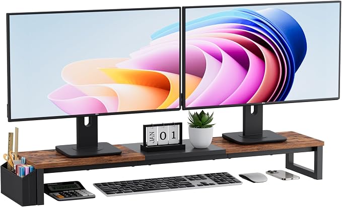 Dual Monitor Stand Riser, 41.5'' Extra Long Wood Monitor Stand Desktop Organizer with Side Pocket, Ergonomic Monitor Riser Supports 2 Monitors,TV,Laptop,Printer for Home Office, Rustic Brown by VERSASKY
