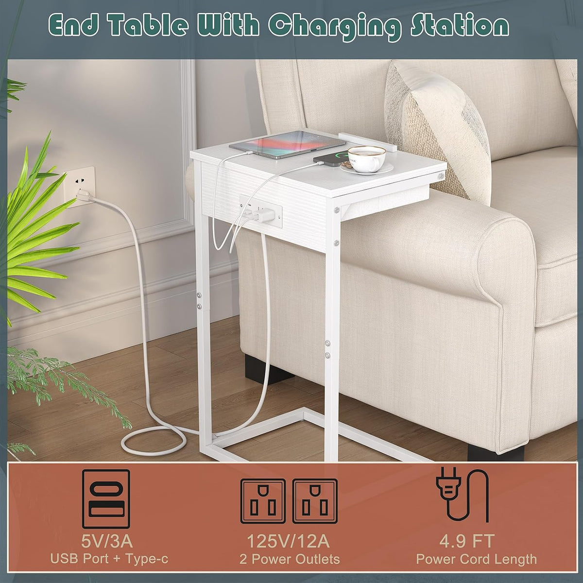C Shaped End Table with Charging Station, 45° Tiltable Adjustable Flip Top Side Table with Storage,Small C Table for Small Spaces,Slide Under Couch Sofa Bedside Table for Living Room,White - Image 5