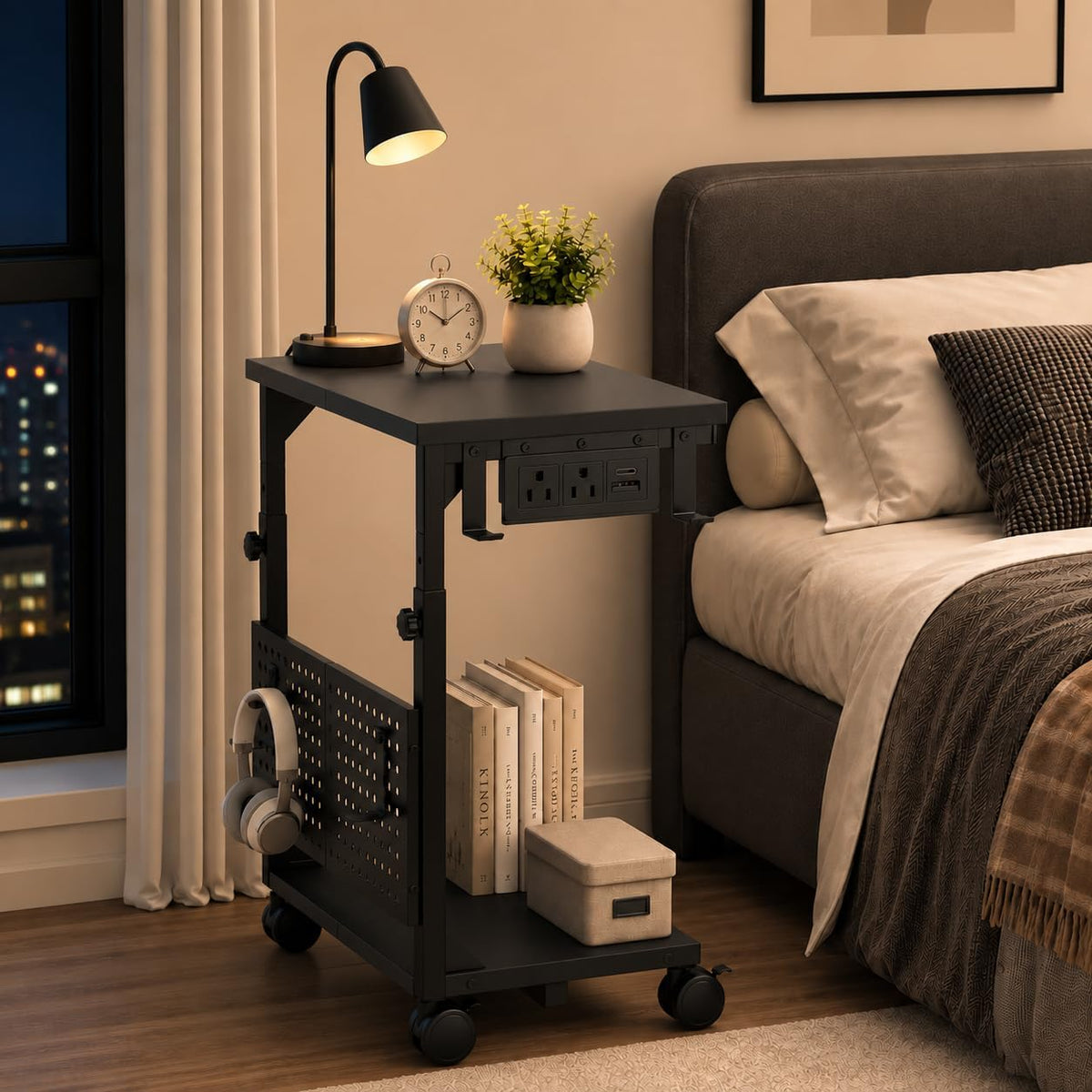 Adjustable Computer Tower Stand with Charging Station & Pegboard,Black - Image 9