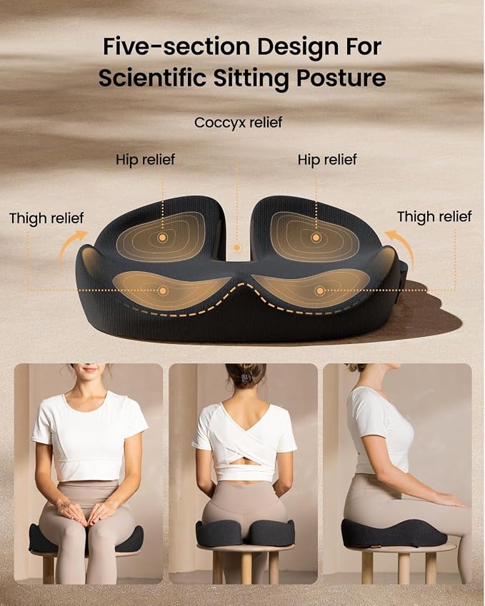 ProtoArc Seat Cushion, Office Chair Cushion for Sciatica, Black | Coccyx Cushion, Ergonomic Memory Foam Seat Cushion for Car, Home, Pressure Relief Pad for Hip, Tailbone, All Day Comfort - Image 4