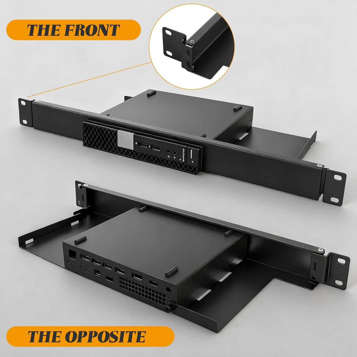 Blulu 2 Pack Mini Rack Mount Compatible with Dell Optiplex Micro Form Factor Case, 1U Hinged Server Rack Shelf for 19 inch Cabinet - Image 4