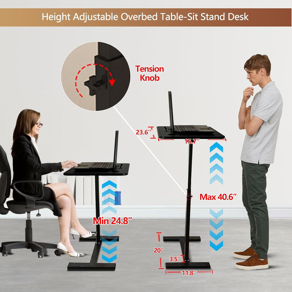 Over the Bed Table with Hidden Wheels,Height Adjustable Bedside Table Tray - Image 3