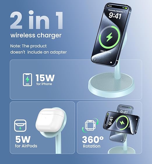 Magnetic Wireless Charger iPhone, 2 Pack 15W Fast Mag-Safe Charger Stand for iPhone 17/17 Air/17 Pro/17 Pro Max 16/15/14/13/12 Series, Wireless Charging Station for Pad/AirPods(Blue) - Image 3
