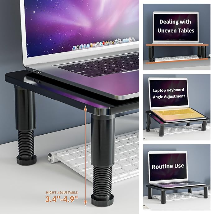 Glass Computer Monitor Stand Riser with Height Adjustable Multi Media Desktop Stand for Flat Screen LCD LED TV, Laptop/Notebook/Xbox One, Black HD01B-002 - Image 2