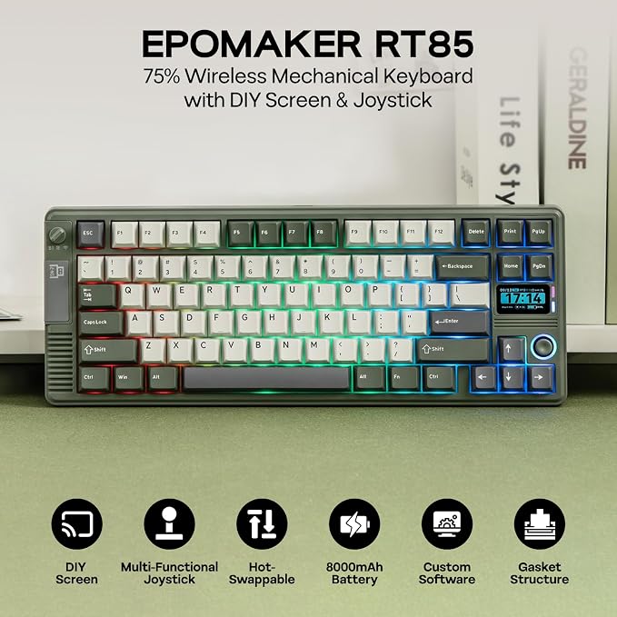 EPOMAKER RT85 Wireless Mechanical Keyboard with Joystick & DIY Screen | 8000mAh, BT/USB/2.4Ghz, Gasket, 5-Layer Paddings, Hot-Swap, PBT Keycap, 75% Gaming Keyboard (Army Green, Creamy Jade) - Image 2