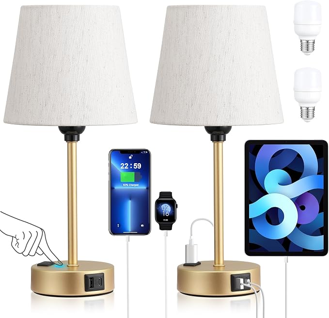 Gold Bedside Lamps Set 2 for Bedroom - Dimmable Touch, USB C+A, AC Outlet | 14.5" Mini Lamp, 3-Way Dimmable, LED Bulbs Included, Cream Barrel Fabric Lampshade, Nightstand Light for Guest Room, Kids by Acaxin