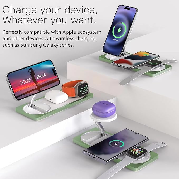3 in 1 Wireless Charging Station for Apple Devices with MagSafe | For iPhone 17/Air/16/15/14/13/12, AirPods & Apple Watch, Foldable Portable Aluminum Charging Stand, Adapter Included - Image 5