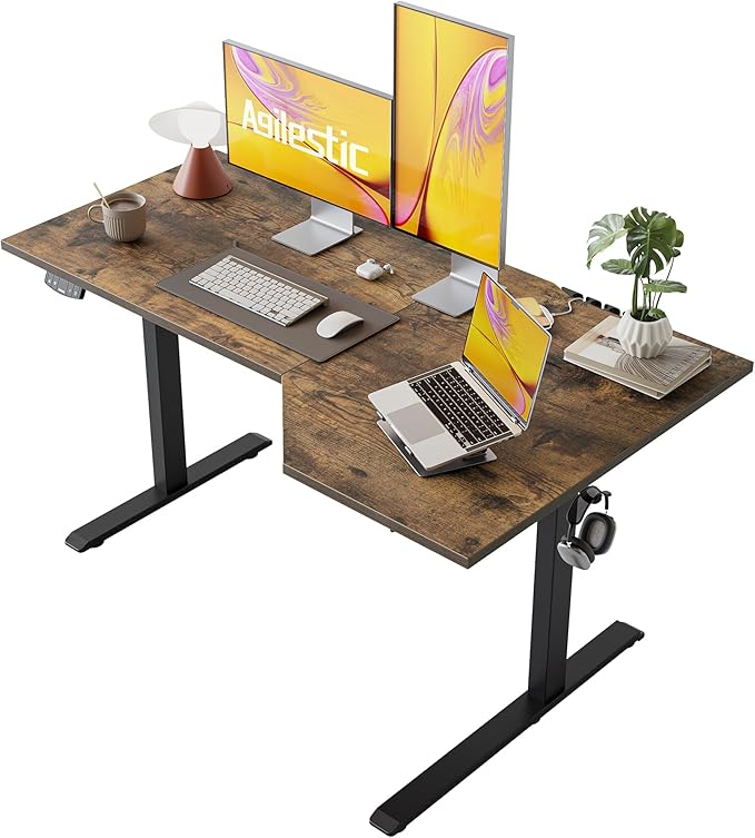 Agilestic 55 x 32 Inch Corner L Shaped Electric Standing Desk, Rustic Brown | Electric Height Adjustable, L-shape Workspace, Sturdy Steel Frame, Memory Preset, Hooks, 154 lbs, Easy Assembly, Splice Board by Agilestic