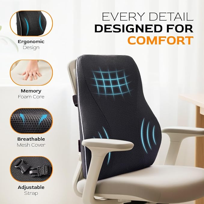 TULARIS Extra Dense Lumbar Support Pillow with Double Adjustable Straps - Ergonomic Memory Foam Cushion for Office Chair, Car, Couch - Firm Back Support for Lower Back & Spine Pain Relief - Image 6