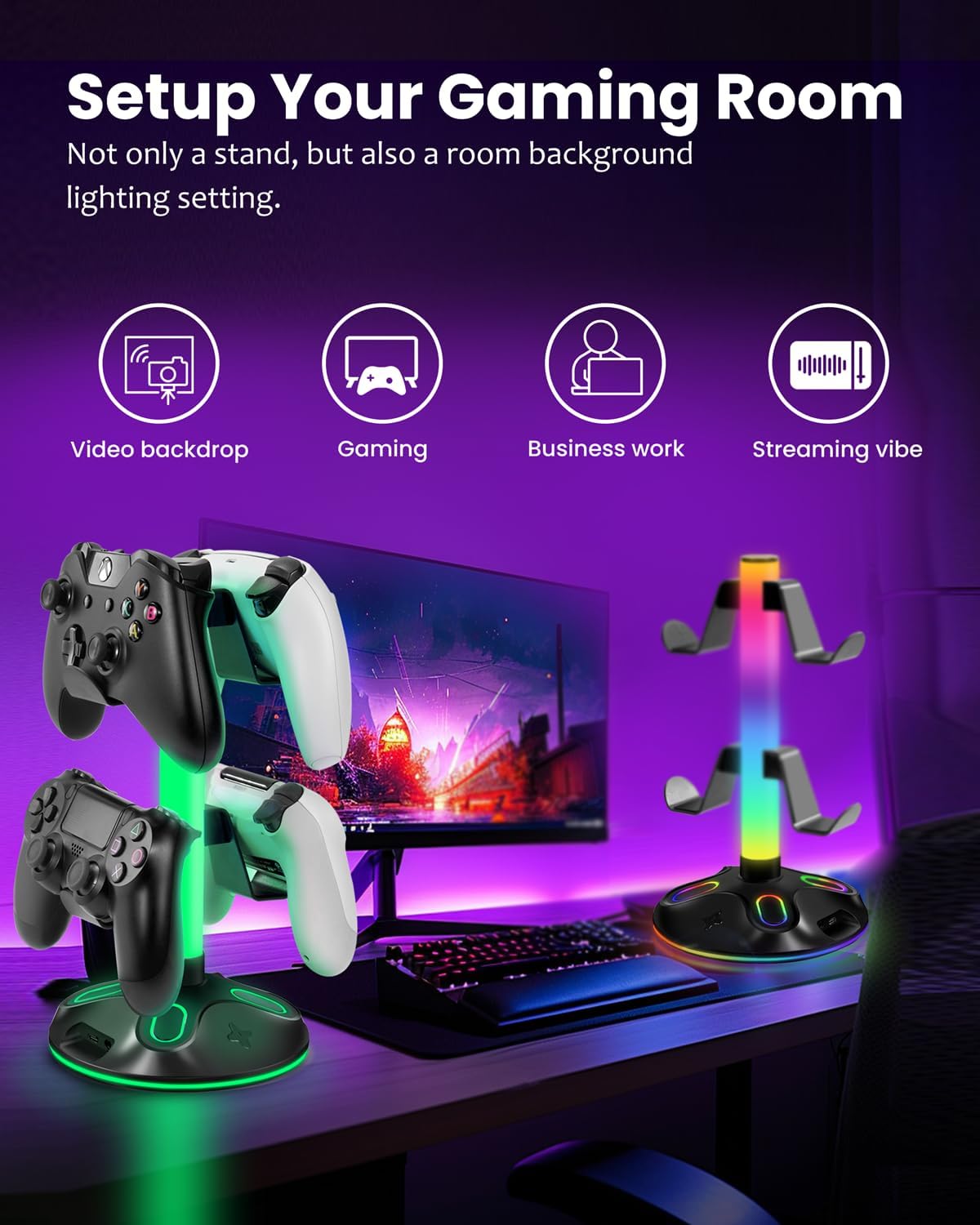 RGB Headphone Stand for Desk, Innovative Headset Stand with 9 Light Modes - Controller Holder with USB Charging and Type-c Port, Gamepad Earphone Accessories (Black) - Image 5
