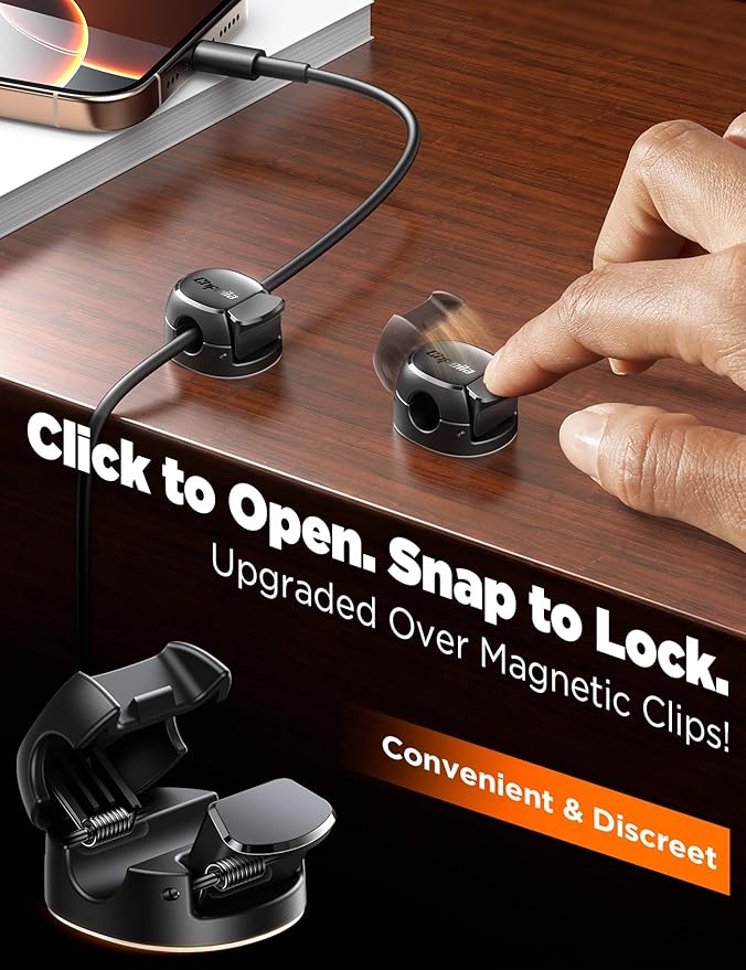 Chfeila 8-Pack Cable Clips, Quick-Lock Cord Organizer Black | Cord Holder for Nightstand, Home Office Desk Accessories for Men Women, College Dorm Room Essentials, Cubicle Accessories - Image 2