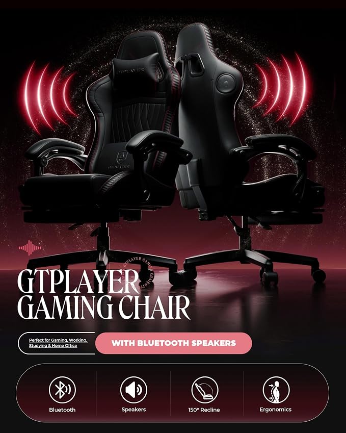 GTPLAYER Gaming Chair with Speakers, Video Game Chairs with Footrest, PC Gamer Chairs for Adults - Padded High Back Ergonomic Reclining Silla Gamer, Linkage Armrest, Ace Pro, Red - Image 3