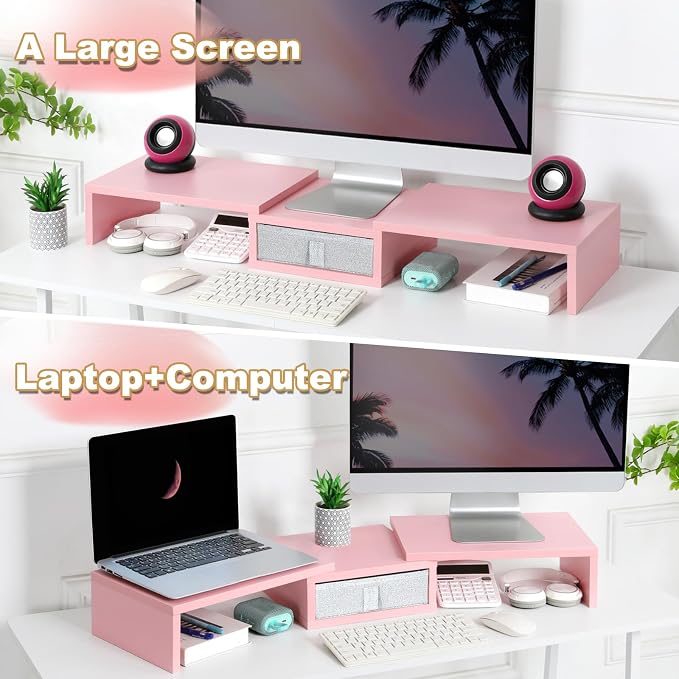 TEAMIX Pink Dual Monitor Stand Riser with Drawer - Length and Angle Adjustable Double Corner Desk Shelf Organizer 37 inch for 2 Laptop/PC/Screen/TV - Image 4