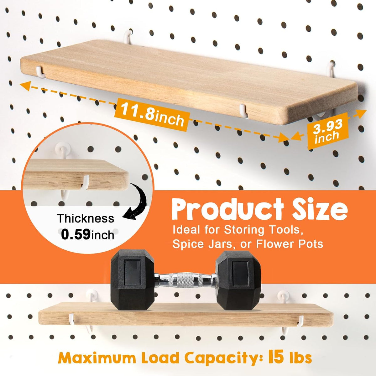Solid Wood Pegboard Shelf for 1/4" Pegboard, 1 Pack - Image 2