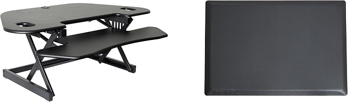 Rocelco 46" Height Adjustable Corner Standing Desk Converter with AC Outlet USB Charger and Anti-Fatigue Floor Mat - Sit Stand Up Tabletop Riser - Keyboard Tray - Black (R CADRB-46-ACUSB-MAFM) by Rocelco