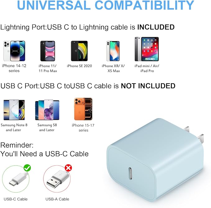 iPhone Fast Charger 3+3Pack 20W USB C Wall Charger with 6FT Fast Charging Cable Compatible with iPhone 14/13/12/11/Pro/Pro Max-Blue - Image 4