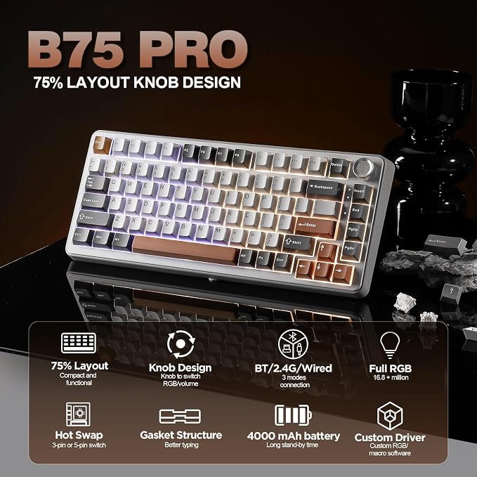 YUNZII B75 PRO 75% Wireless Mechanical Keyboard (Grey,Milk Switch) | Hot Swap Keyboard with Knob, Gasket Mount, Creamy Pre-lubed Switch for Smooth Typing, BT/USB-C/2.4G, for Gaming - Image 2