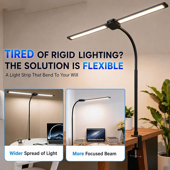 LED Desk Lamp for Home Office, Eye-Care Architect Light with Clamp, Double Head Computer Monitor Table Light with 3 Color Modes 10 Brightness, Adjustable for Reading, Study, Workbench, Black - Image 6