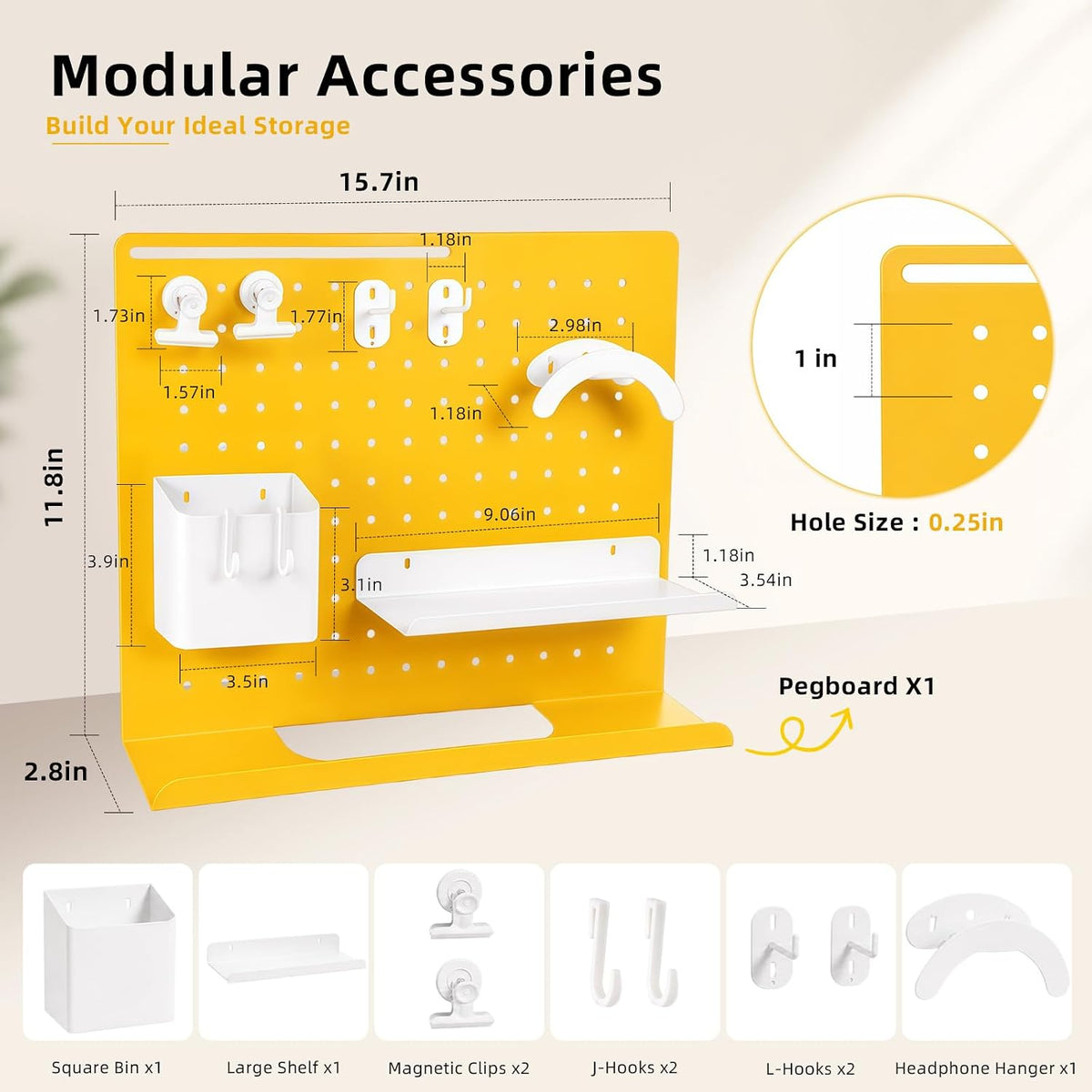 Metal Desk Pegboard Organizer, No Drill Modular Storage Kit 10 Accessories 15.8x11.8in White Yellow for Office Vanity - Image 3
