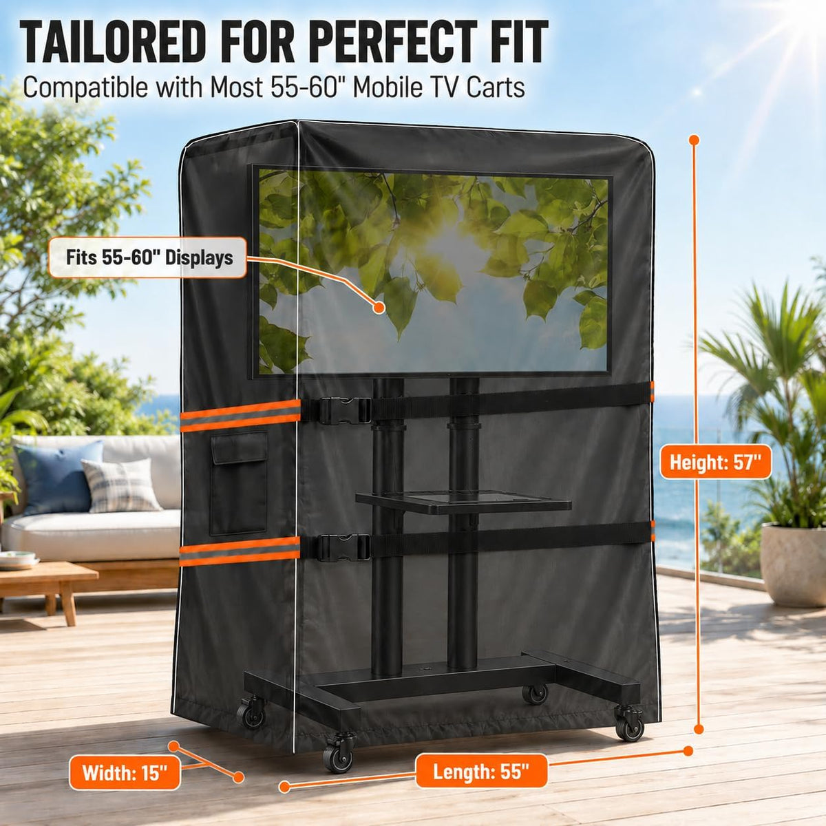 Outdoor TV Trolley Cover for 55-60 Inch Screen, Heavy Duty 600D Waterproof Rolling TV Stand Cover, Weatherproof Mobile TV Cart on Wheels Protector with Remote Pocket, Black 55"x15"x57" - Image 2