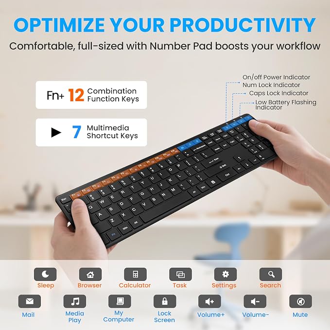 Wireless Keyboard-2.4G USB Ultra Slim Quiet Full Size Matte PC Computer Keyboard,19 Multimedia Keys,Number Pad,Plug&Play,Lag-Free Ergo,Long Battery Life for Desktop,Laptop,Smart TV,MAC,Windows,QWERTY - Image 5