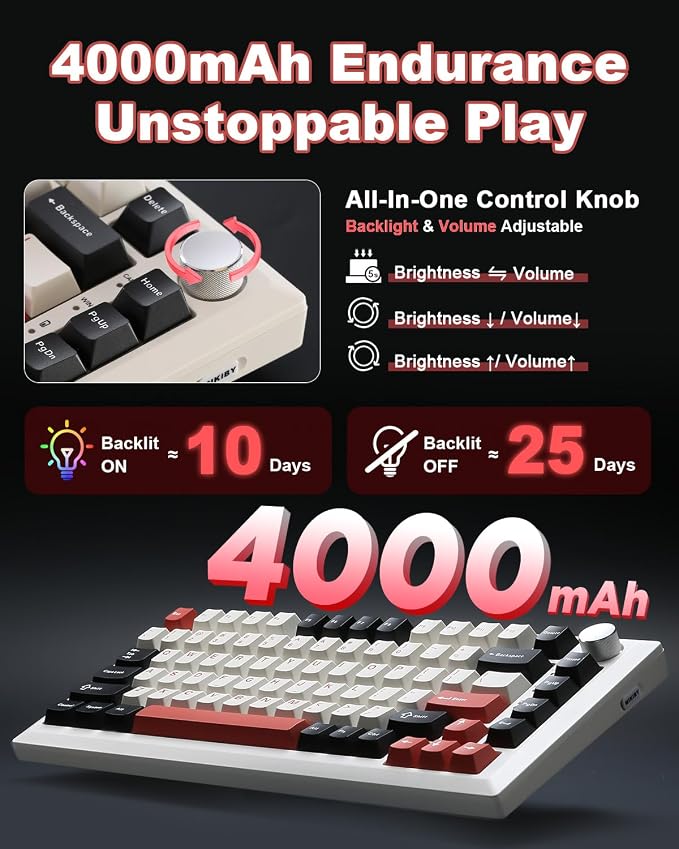 Y75 Wireless Mechanical Keyboard,75% Hot Swappable Custom Keyboard with Knob,RGB Backlit, PBT Keycaps,2.4GHz/USB-C/BT5.0 Mechanical Gaming Keyboards(White&Red,Milk Switch) - Image 4