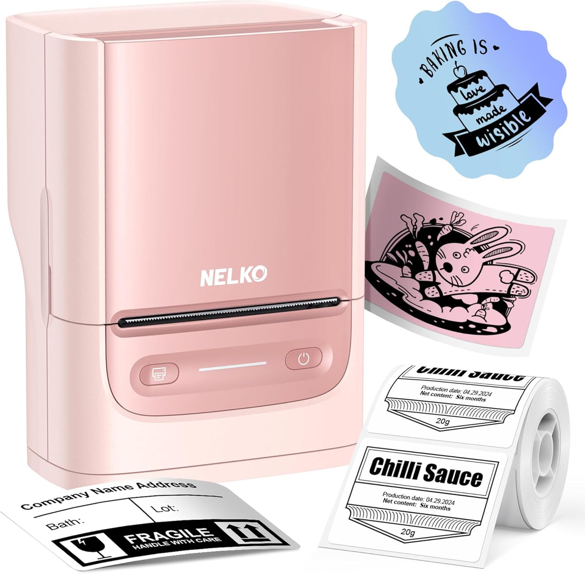 Nelko Label Maker Machine with Tape, PM220 Bluetooth Label Printer, Pink by Nelko