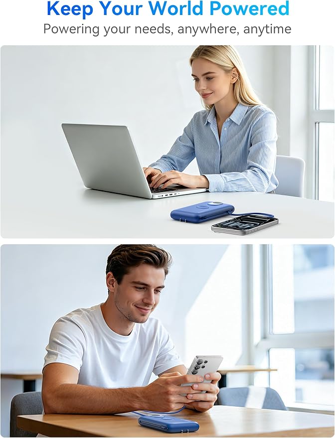 Portable Charger Power Bank 10000mAh PD20W w/Built-in Cables & AC Plug | Portable charger iphone,Fast charging, Built-in wall plug, LED display, Charge 6 devices at once, Pass through charging - Image 8