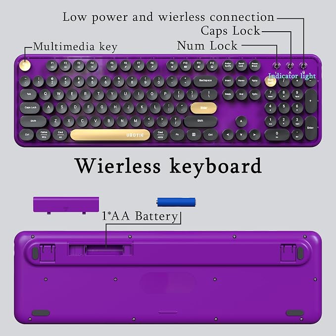 Colorful Wireless Computer Keyboards Mouse Combos (Black Purple) | UBOTIE Polychrome Round Keycaps Retro PC keyboards 2.4GHz Radio Frequency Connection With Optical Mouse Power Switch - Image 6