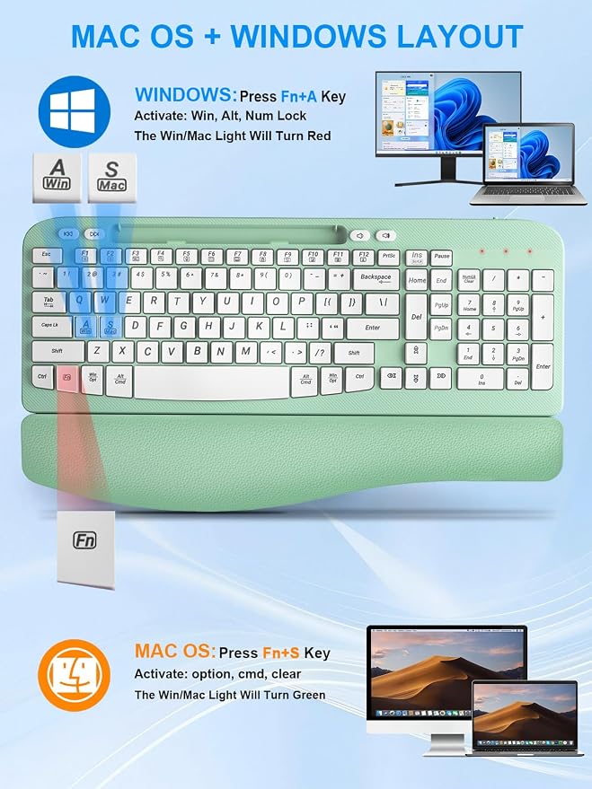 Hayyiesh Ergonomic Wave Keys Wireless Keyboard and Mouse Combo, Full Size with Memory Foam Wrist Rest & Phone Holder, 2.4G Cordless Set with USB-C Adapter for Windows Mac Desktop Laptop (Mint Green) - Image 7