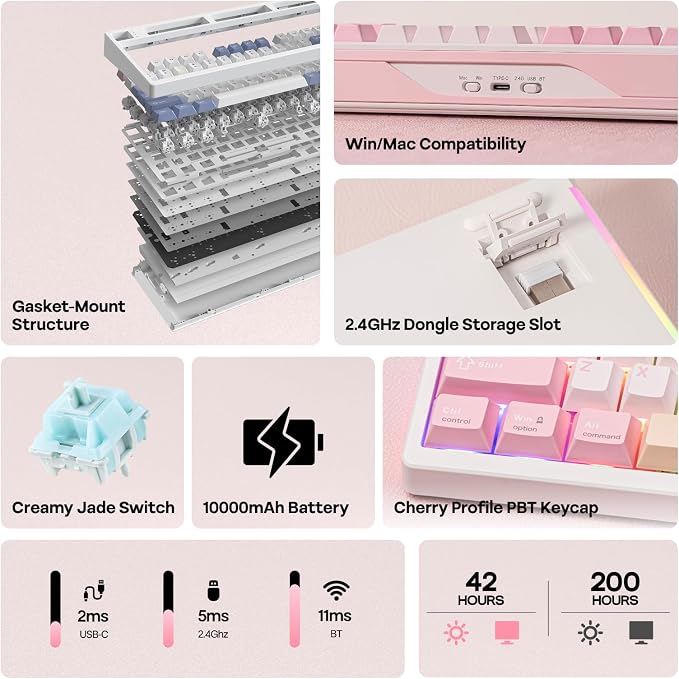 EPOMAKER TH108 PRO Full Size Mechanical Keyboard with Screen & Knob | Wireless Gaming Keyboard with 10000mAh, Creamy Gasket, Hot Swap, Custom Driver, RGB Backlight, NKRO (Pink, Creamy Jade) - Image 2