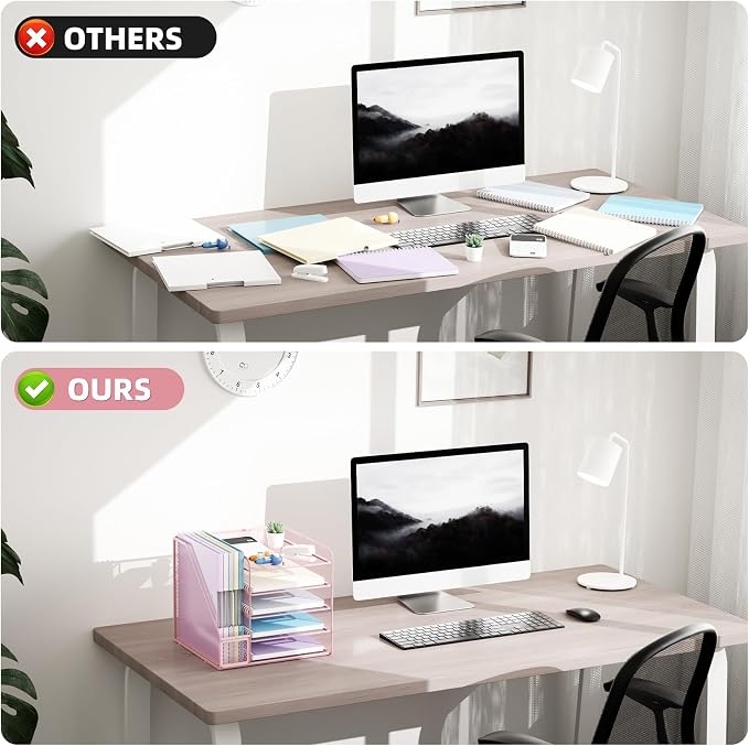Marbrasse Desk Organizers and Accessories, 5-Tier Paper Letter Tray Organizer with File Holder, Mesh File Organizer, Office Desk Accessories & Organization for Supplies (Pink) - Image 5