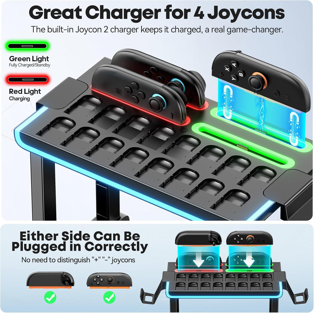 Switch 2 RGB Organizer Station with Controller Charging Dock, Switch 2 Storage Stand, Joycon 2 Charger, Gaming Accessories Holds TV Dock, 16 Game Cases, 16 Game Cards and 2 Pro Controllers - Image 2