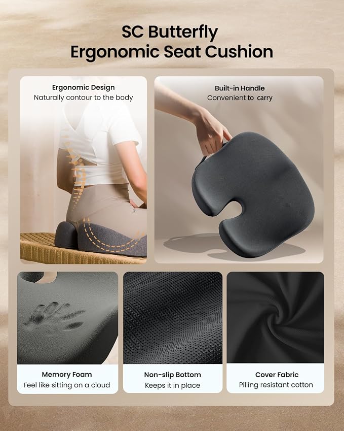 ProtoArc Seat Cushion, Office Chair Cushion for Sciatica, Dark Gray | Coccyx Cushion, Ergonomic Memory Foam Seat Cushion for Car, Home, Pressure Relief Pad for Hip, Tailbone, All Day Comfort - Image 8