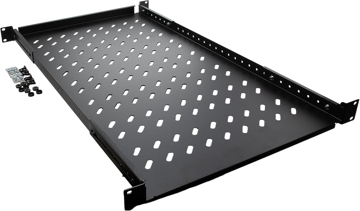 NavePoint Vented 4-Post Shelf, Adjustable, Black, 750 mm Depth, 1U, 242 lbs, Cold Rolled Steel by NavePoint