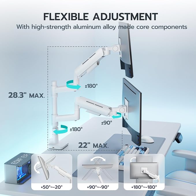 ARES WING Dual Monitor Mount with USB for 17-49 Inch Screen, White | Ultrawide Heavy Duty Computer Monitor Arm Desk Mount for Curved Screen, Gas Spring Adjustable Vesa Stand - Image 7