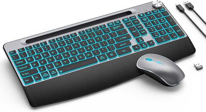 JOYACCESS Ergonomic Wireless Backlit Keyboard with Phone Holder,Rechargeable Wireless Keyboard Mouse Combo with Light Up Keys for for Laptop, PC, Mac, Windows-Grey by JOYACCESS