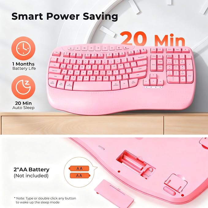 MEETION Wireless Ergonomic Keyboard with Wave Keys and Wrist Rest - Pink | Firm wrist rest, 2.4G USB-A receiver, USB-C adapter included, full-size layout, compatible with Windows, Mac, PC, laptop - Image 6