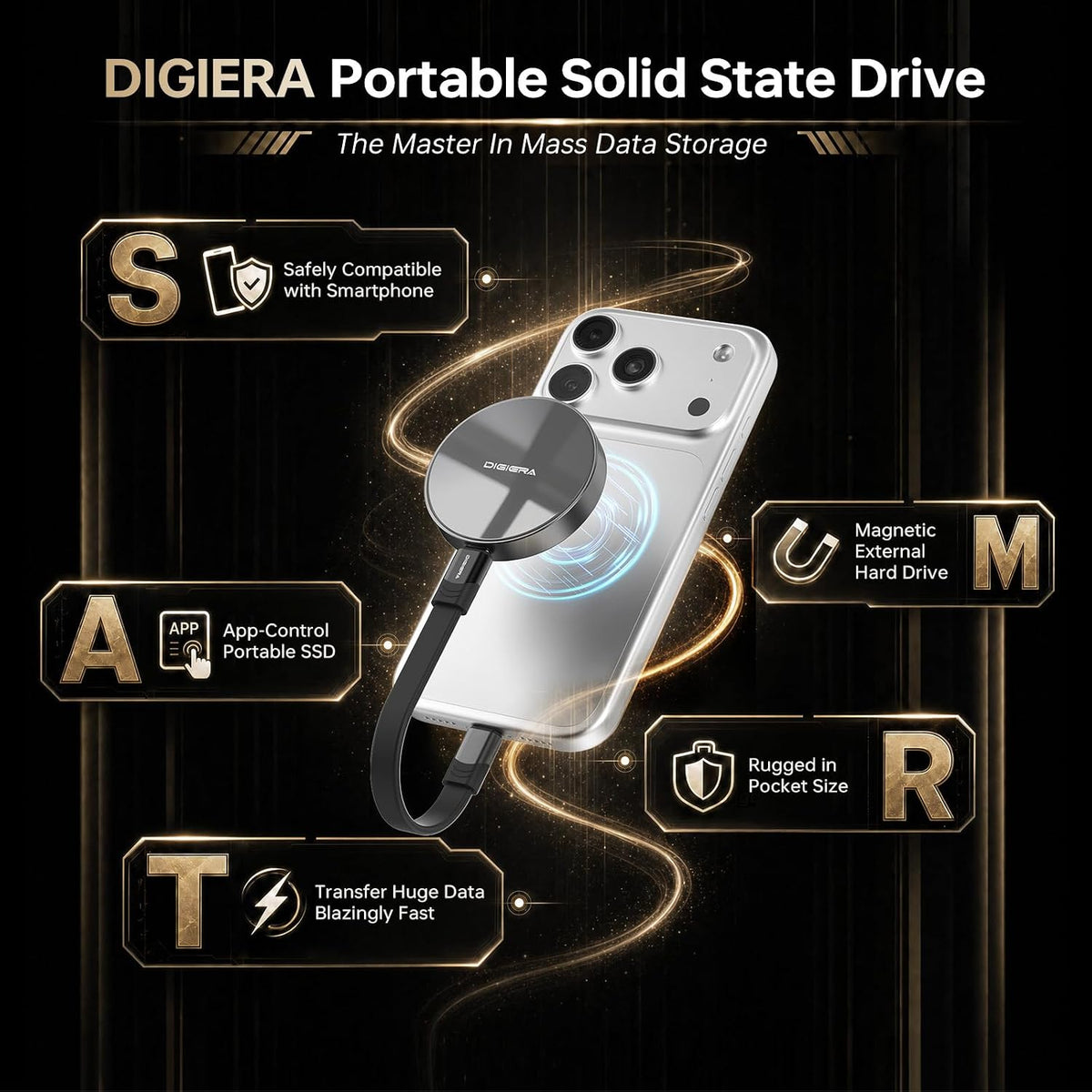 DIGIERA 1TB Magnetic Portable SSD, External Solid State Drives with USB-C 3.2 Gen 2x2, Speed Up to 2000MB/s, Compact & Durable, Compatible with iPhone 15/16 Series and Other USB-C Devices, Grey - Image 2