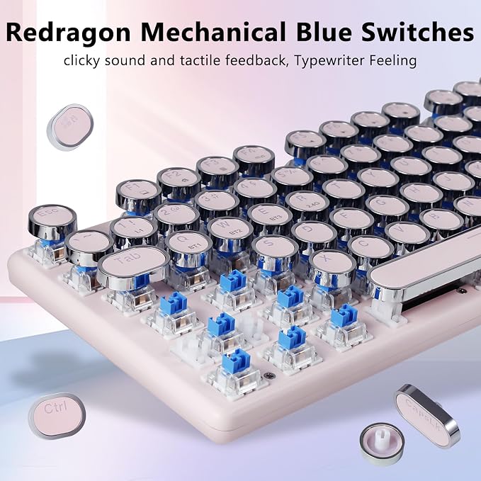 Redragon K710 Wireless Typewriter Mechanical Gaming Keyboard, Pink | Bluetooth/2.4Ghz/Wired, RGB Led Backlit, Blue Switch - Clicky, Rechargeable 4000mAh, Solid Metal Panel, Round Keycaps - Image 6
