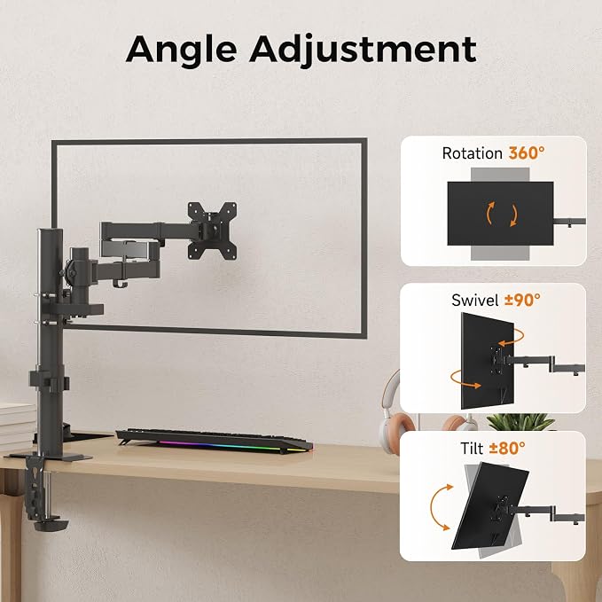 suptek Single Monitor Arm, Universal 3 Tier Arm Fully Adjustable Pole Mount Bracket Monitor Mounting for 13 to 27 inch Screen, Weight up to 22lbs, Mounting Holes 75x75mm to 100x100mm,Black - Image 3