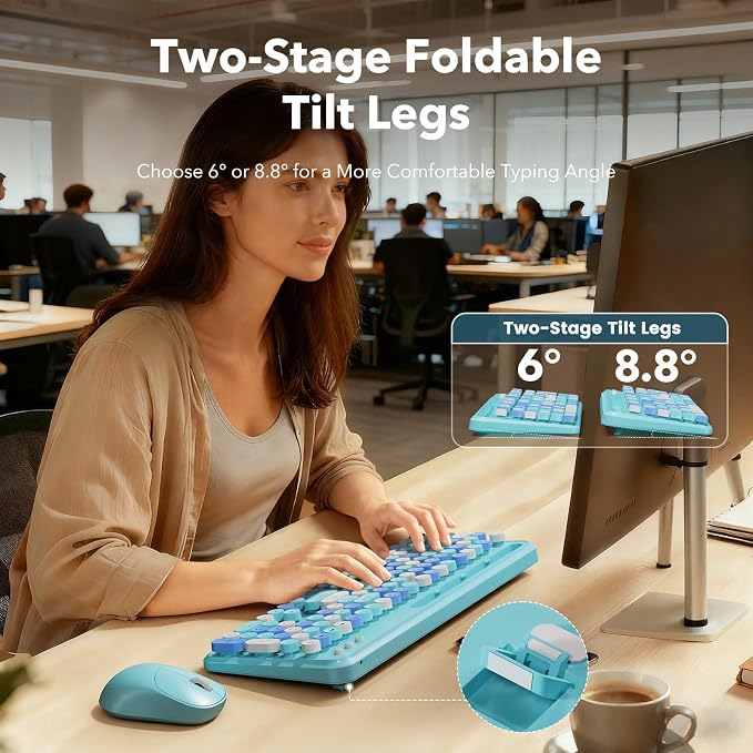 Wireless Keyboard and Mouse Combo, Retro Round Keycaps, Full-Size Stylish Typewriter Keyboard with Phone/Tablet Holder, Ergonomic Mouse with 3-Level DPI, 2.4GHz Connection for Windows/PC (Ice Blue) | Full-Size Retro Typewriter-Style Keyboard, Tilt Legs... - Image 3