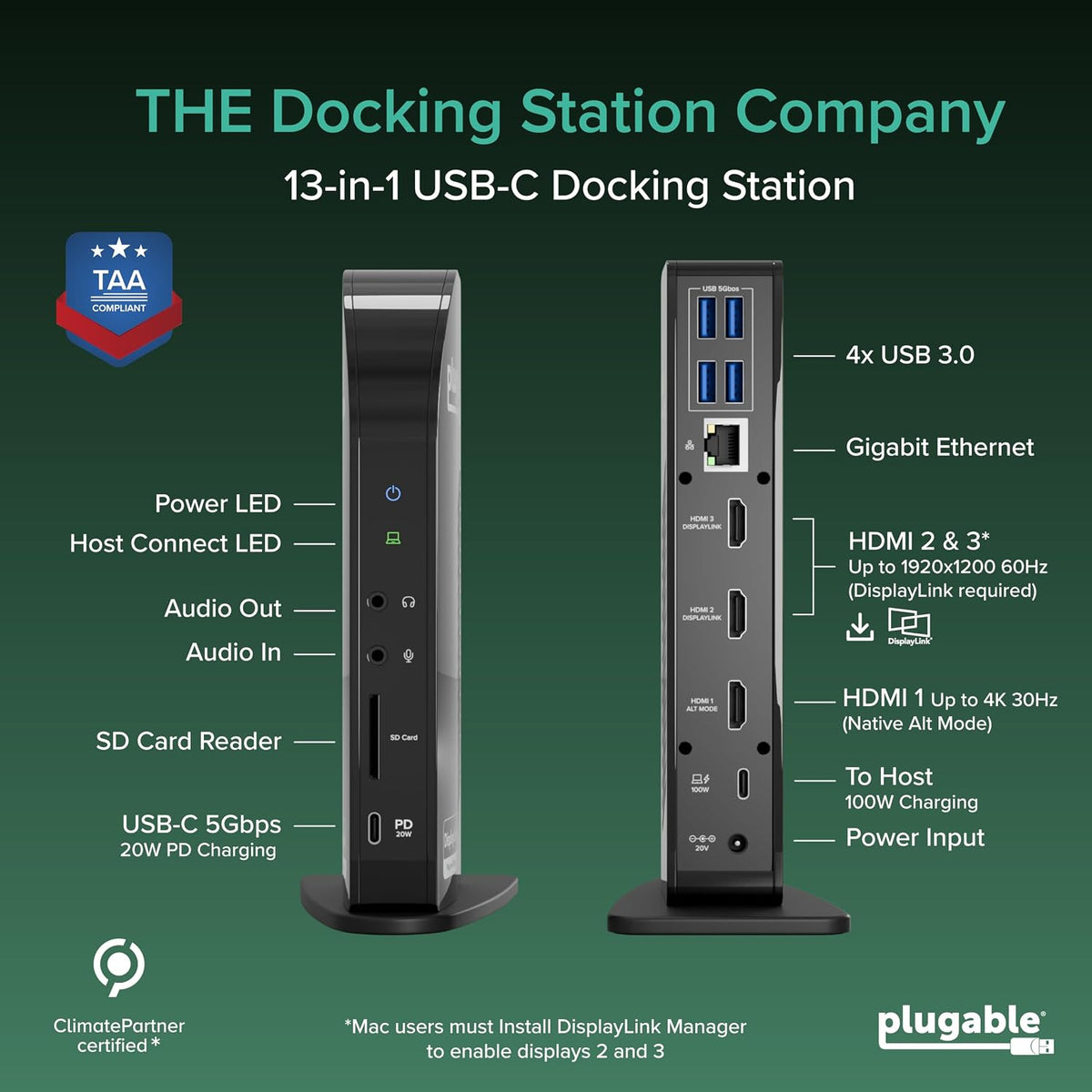 Plugable USB-C Triple Monitor Docking Station, 13-in-1, 100W Charging - Image 2