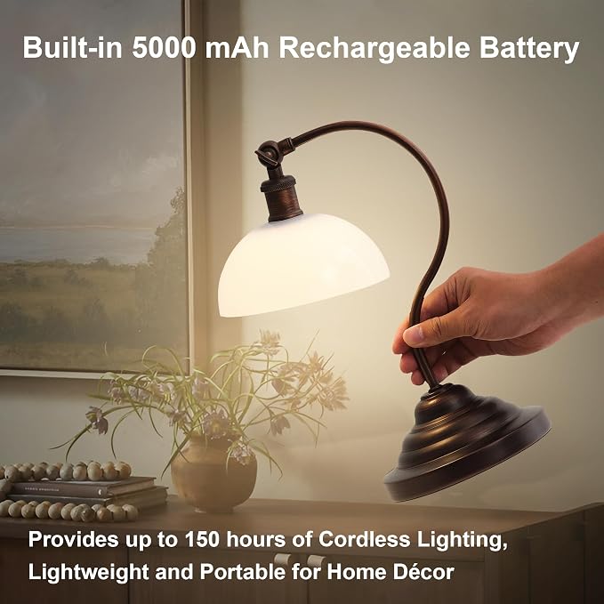 KARTOOSH Cordless LED Table Lamp, Battery Operated Desk Lamps with Swing Arm & Plastic Shade, Vintage Small Rechargeable Dimmable Light for Bedroom, Living Room, Nightstand, Oil Rubbed Bronze - Image 8