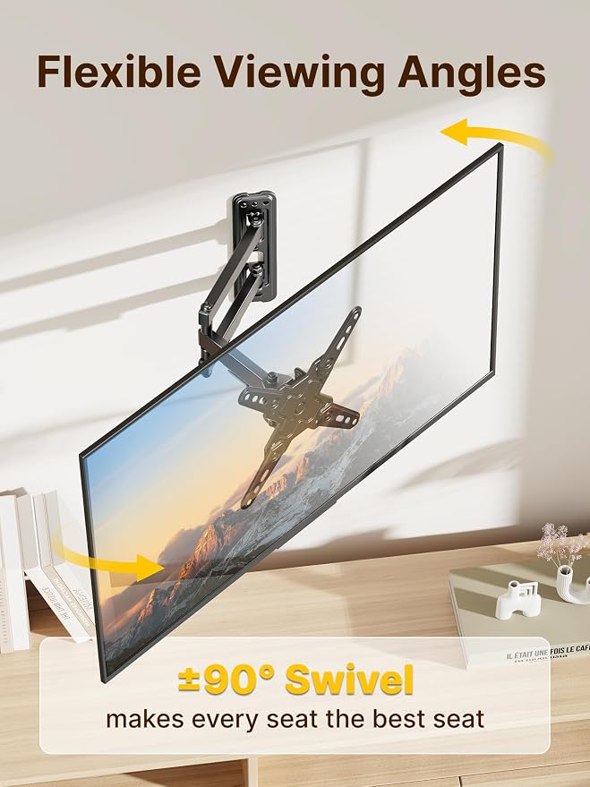 monTEK Full Motion Small TV Wall Mount for 13-43 Inch TVs up to 44 lb | ±90° swivel, +5°/-15° tilt, landscape/portrait rotation; extends 14.6 in, 4X load tested, VESA 200x200 mm, single-stud mount - Image 4